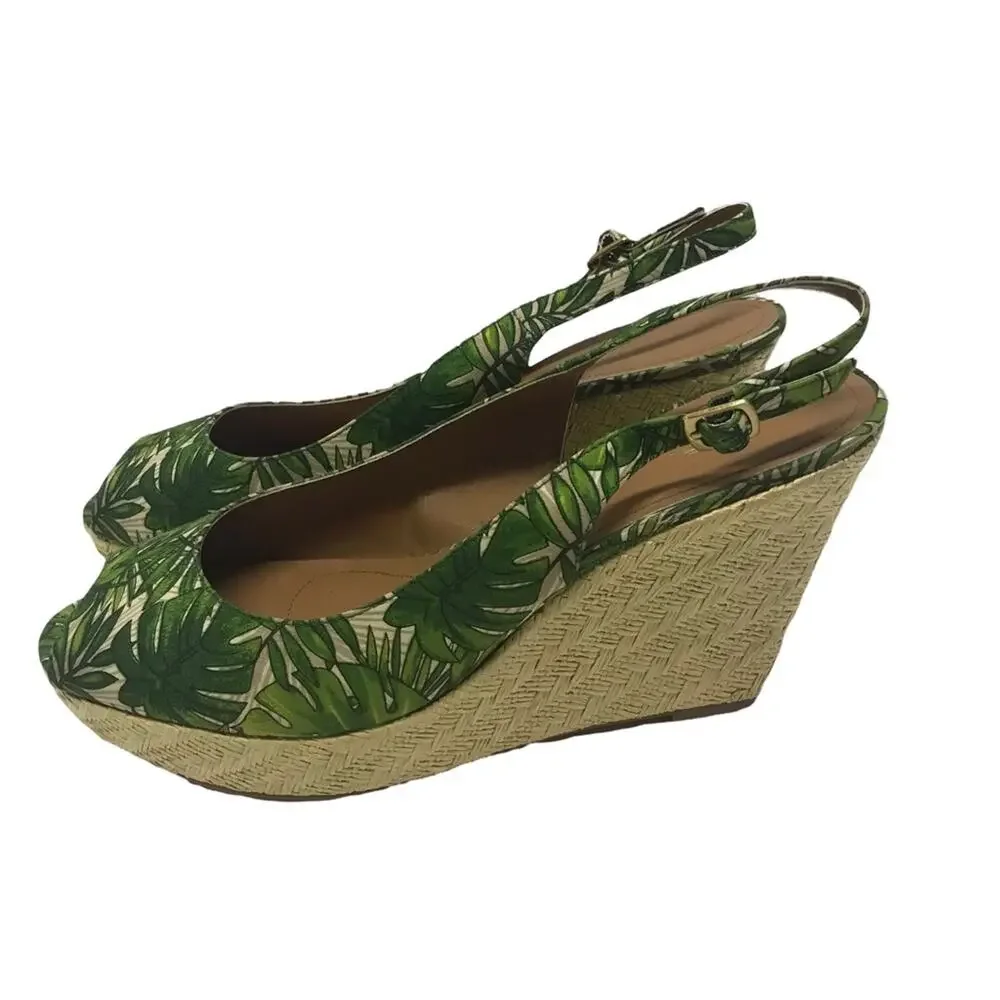 Tahari Taylor Raffia Wedge Sandals tropical palm frond peep toe WOMEN’S SIZE 11